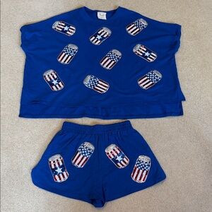 Blue Two-Piece Set with American Flag Sequin Can Print - Fantastic Fawn